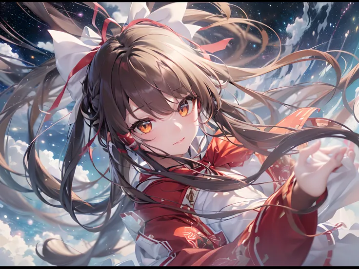 (((hakurei reimu:1.1,)))(((straight hair,supple hair,long hair,pointy hair,long bangs,high ponytail,french braid,brown hair,brown eyes, nontraditional miko))),((white gloves)),(((((Break,design an image with fisheye lens effect,capturing a wide field of vi...