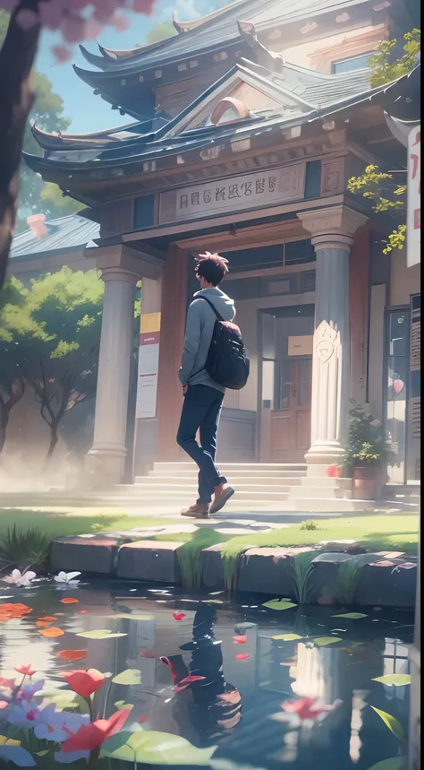 an university male student ,walk through the university campus, spring, (beautiful waterhole reflection), on the flag stone path, breeze blow ,(anime style), (cinematic lighting), (ray tracing), ((reflection light)), ((half-body-shot)), atmospheric perspec...