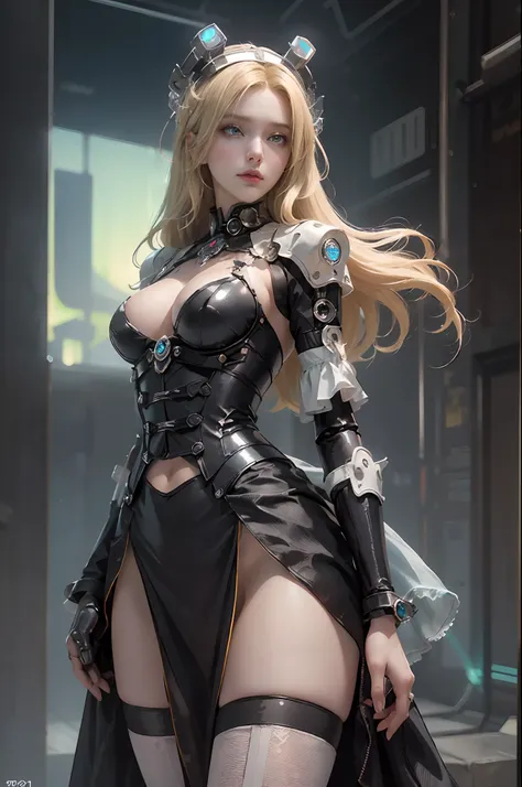 ((of the highest quality)), ((​master piece)), (detail:1.4), (((Tall Woman))), (((Mechanical parts and++Translucent aurora material++with  the++Black Carbon Material++Beautiful woman in cybermaid outfit in long skirt made of))), Glowing pale with LEDs, ((W...