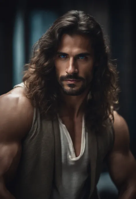 Beautiful muscular Spanish man blue eyes long cheuveux