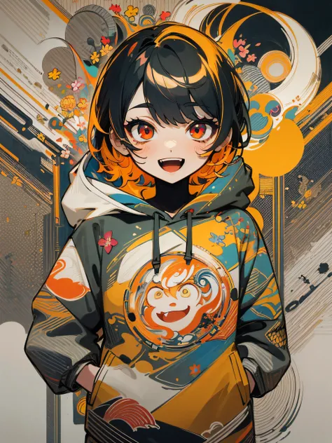 masterpiece, ultra-high quality, ( ultra detailed original illustration), ((chibi mode)),( little girl joyful facial expression, red eye, short hair, smile, open mouth,full body, perfect body), ((street wear,hoodie fashion)), ((flowers sakura)(graffiti)), ...