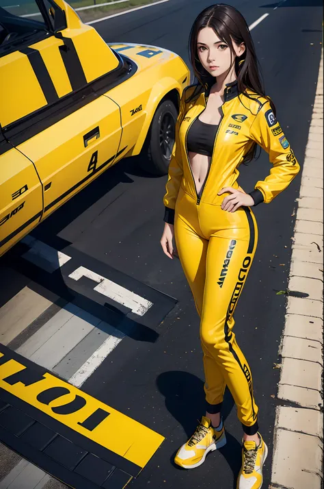 Girl in unbuttoned yellow racing suit, higly detailed, Realistic full-length photo