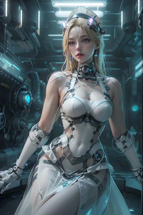 ((of the highest quality)), ((​master piece)), (detail:1.4), (((Tall Woman))), (((Translucent with mechanical parts and transparent skin++Aurora Material++with  the++Black Carbon Material++Beautiful woman in cybermaid outfit in long skirt made of))), Glowi...