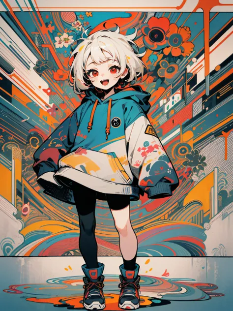 masterpiece, ultra-high quality, ( ultra detailed original illustration), ((chibi mode)),( little girl joyful facial expression, red eye, short hair, smile, open mouth,full body, perfect body), ((street wear,hoodie fashion)), ((flowers sakura)(graffiti)), ...