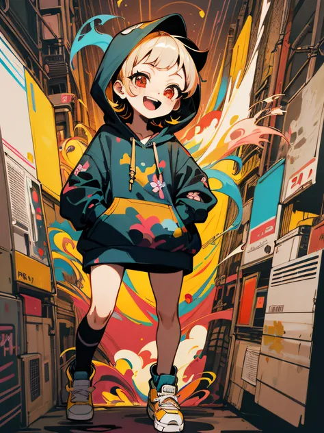 masterpiece, ultra-high quality, ( ultra detailed original illustration), ((chibi mode)),( little girl joyful facial expression, red eye, short hair, smile, open mouth,full body, perfect body), ((street wear,hoodie fashion)), ((flowers sakura)(graffiti)), ...