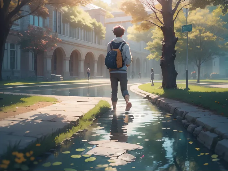 an university male student ,walk through the university campus, spring, (beautiful waterhole reflection), on the flag stone path, breeze blow ,(anime style), (cinematic lighting), (ray tracing), ((reflection light)), ((half-body-shot)), atmospheric perspec...