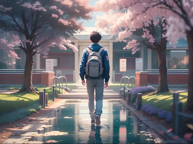 an university male student ,walk through the university campus, spring, (beautiful waterhole reflection), on the flag stone path, breeze blow ,(anime style), (cinematic lighting), (ray tracing), ((reflection light)), ((half-body-shot)), atmospheric perspec...