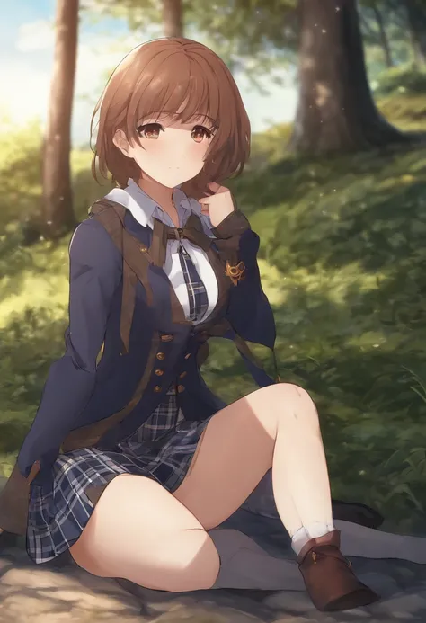 1girl in,  Erina Nakiri, Kneeling, thighs thighs thighs thighs, Navy thighs, Jacket, plaid skirts, hand on the breasts, Outdoors, Anime_screen cap_erina