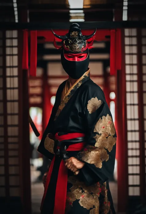 a ninja with a Japanese oni mask, com uma roupa preta, menacingly