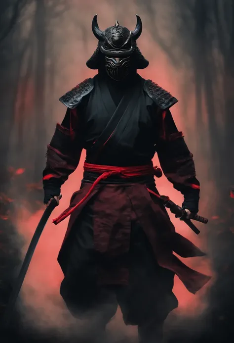 a ninja with a Japanese oni mask, com uma roupa preta, menacingly