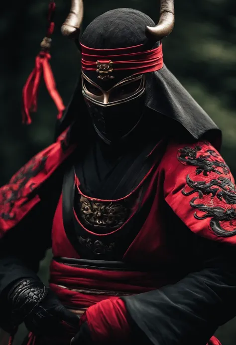 a ninja with a Japanese oni mask, com uma roupa preta, menacingly