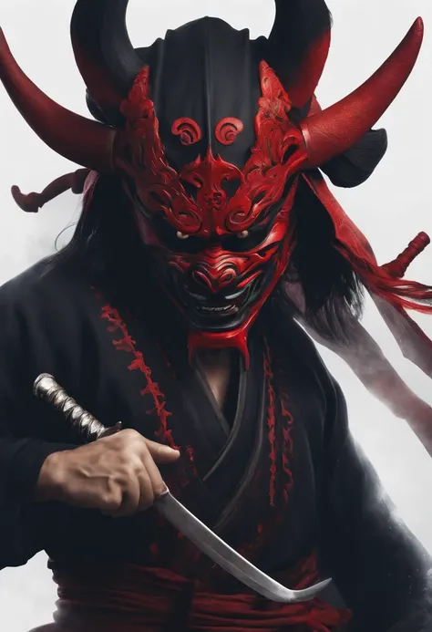 a ninja with a Japanese oni mask, com uma roupa preta, menacingly