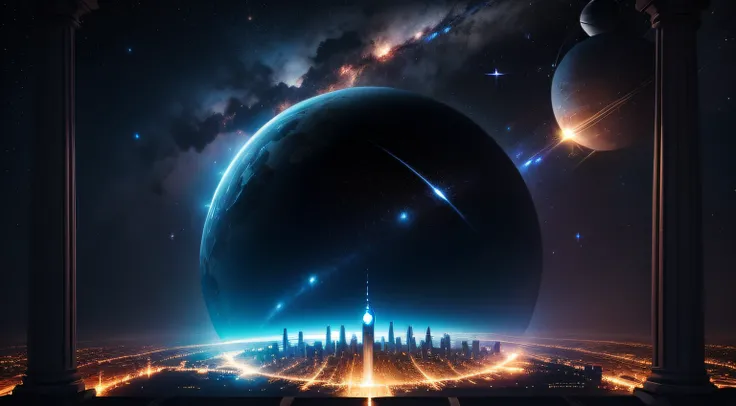 outer_space, falling stars, pillars, shield, city on planet, universe --auto