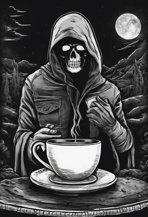 /imagine prompt: death hood, drinking coffee illustration on front with black background sticker, Bold outline style, Jagged edges, Trash core, Light Shadow --V 5.2