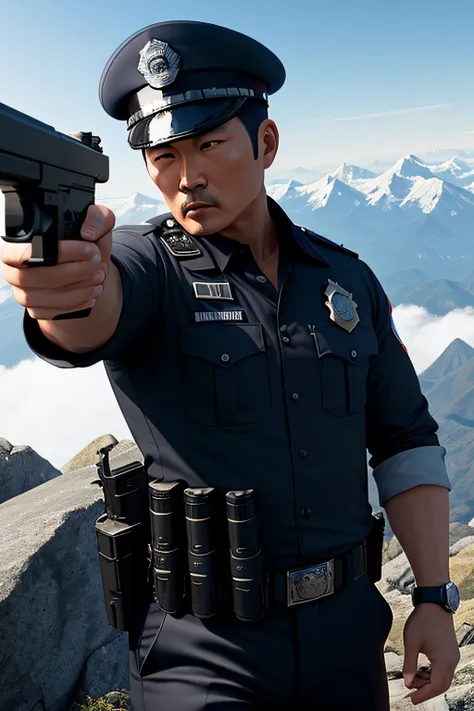 /imagine prompt: unreal engine, close up, asian, side view, A 40-year-old policeman with his head down in a shooting pose, holding a gun with one hand, making a shooting pose, on a mountain, open mouth, angry face, angry