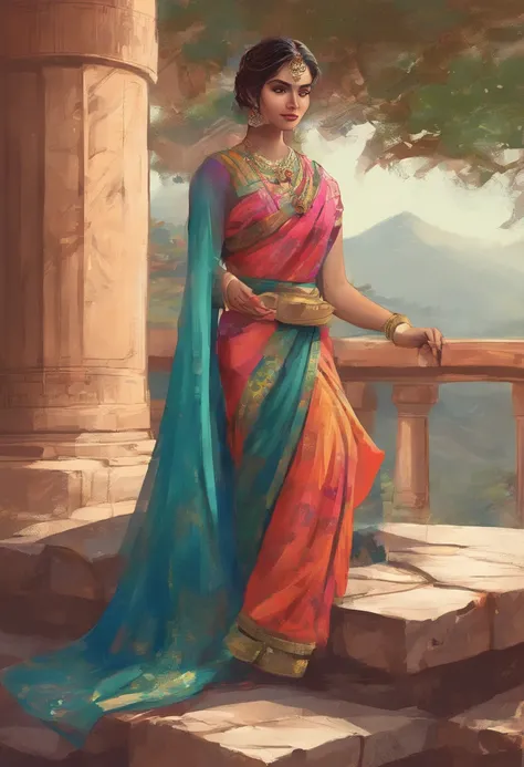 woman sitting on a stone ledge in a sari, traditional beauty, idian dress, dressed in a sari, sari, wearing a sari, with fluent cloths, colour, inspired by T. K. Padmini, by Max Dauthendey, wearing sari, * colour splash *, with lovely look, gorgeous lady, ...