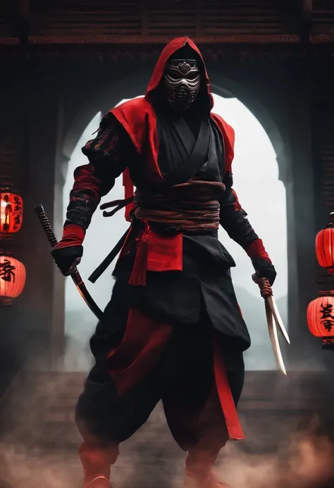 a ninja with a Japanese oni mask, com uma roupa preta, menacingly