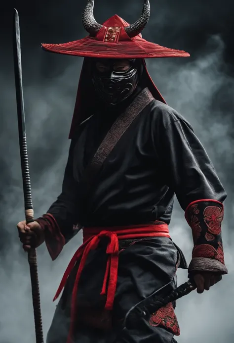 a ninja with a Japanese oni mask, com uma roupa preta, menacingly