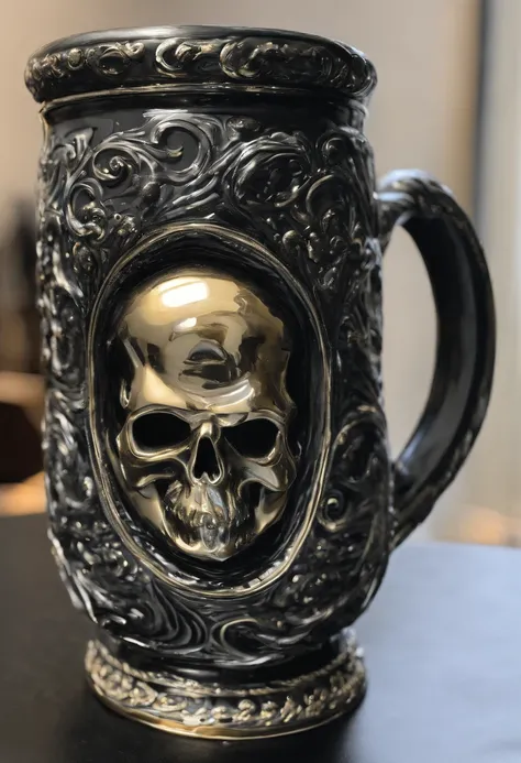 Solid black with gold swirls and served in a pewter mug. The drink smells like orc spit and tastes like medicine. It is a minor local legend