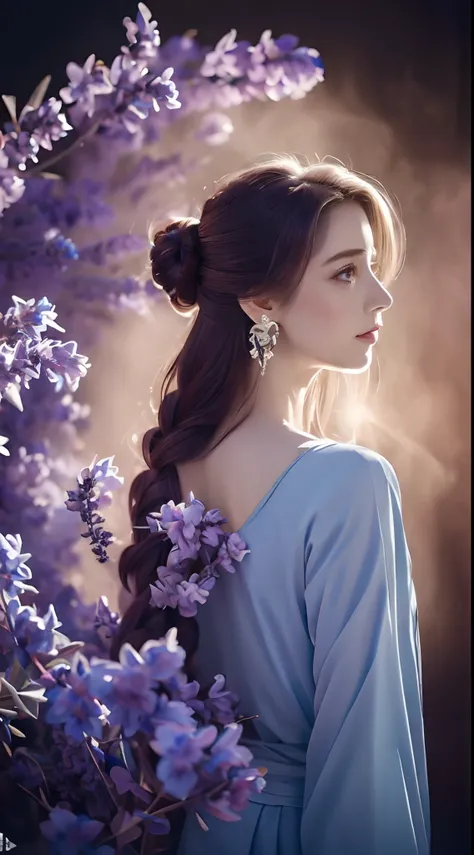 Long lavender hair,bell,pale blue color eyes,Red floral tattoo,Crystal earrings,Quidom,(surrealism:1.1),(Cinematic lighting:1.05),(reflective light:1.1),(Letterbox format:1.15),(profile:1.05),(From behind:1.1),超高分辨率,Masterpiece:1.2,Highly detailed，Fuzzy dr...