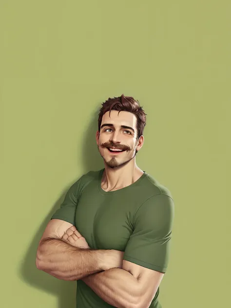 homem com camisa verde, bigode e sorrindo, in a chocolate factory, anime, realistic animation style