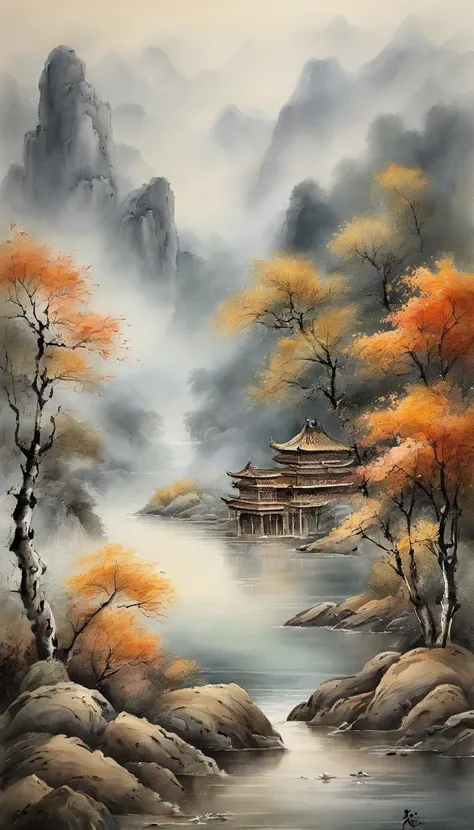 Chinese landscape painting，ink and watercolor painting，water ink，ink，Smudge，Faraway view，Ultra-wide viewing angle，Meticulous，water ink，Smudge，Meticulous，Smudge，low-saturation，Low contrast，The light boat has crossed the Ten Thousand Heavy Mountains，Beautifu...