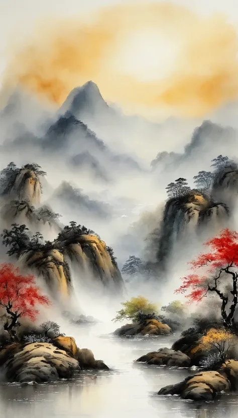 Chinese landscape painting，ink and watercolor painting，water ink，ink，Smudge，Faraway view，Ultra-wide viewing angle，Meticulous，water ink，Smudge，Meticulous，Smudge，low-saturation，Low contrast，The light boat has crossed the Ten Thousand Heavy Mountains，Beautifu...