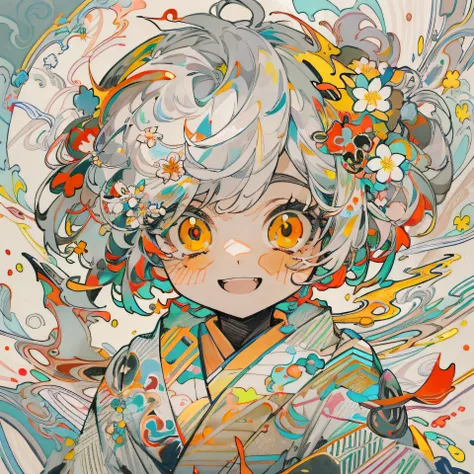 masterpiece, ultra-high quality, ( ultra detailed original illustration), ((chibi mode)),( little girl joyful facial expression, red eye, short hair, white hair, sunny smile, upper body, perfect body), ((kimono fashion)), ((flowers sakura)(graffiti)), doub...