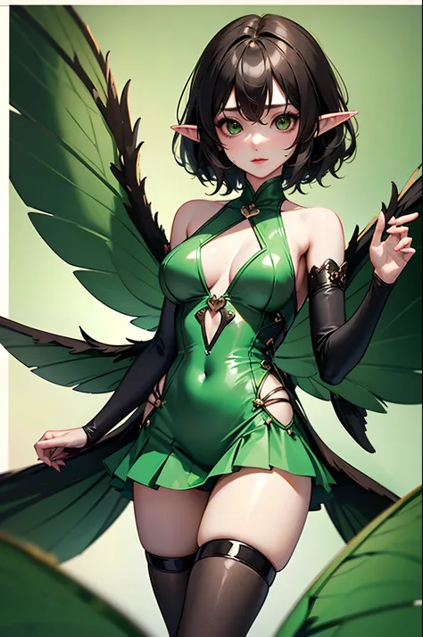 Anime girl in green and black costume on wings and green background, big breasts, slim body, revealing dress,super minidress, pixie character, fairy, forest fairy, insect trainer girl, brunette elf with fairy wings, pixie, cute 3d anime girl rendering, Apr...