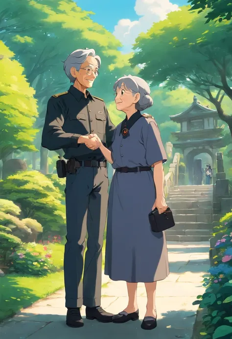 AN OLD WOMAN WEARING BLACK AND GRAY UNIFORM LOOKING GREATFUL AND SHAKING HANDS WITH A YOUNG MAN BECAUCE HE HELPED HER , HE IS WEARING BLACK TSHIRT AND JEANS AND HAVE A BLACK HAIR , THEY ARE IN PARK , ITS SUNNY , LONG SHOT CAMERA