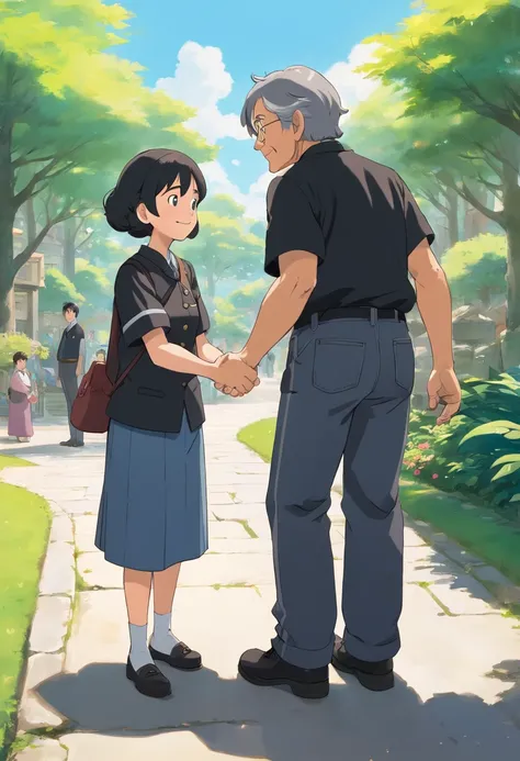 AN OLD WOMAN WEARING BLACK AND GRAY UNIFORM LOOKING GREATFUL AND SHAKING HANDS WITH A YOUNG MAN BECAUCE HE HELPED HER , HE IS WEARING BLACK TSHIRT AND JEANS AND HAVE A BLACK HAIR , THEY ARE IN PARK , ITS SUNNY , LONG SHOT CAMERA