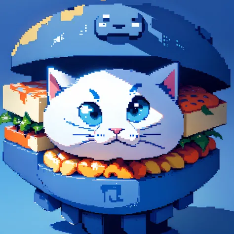 Close-up of a cat and a sandwich on a blue background, Chat Nyan, chaton sandwish, 🐋 as 🐘 as 🤖 as 👽 as 🐳, Style pixel art, Cat in space, 8 bits, 8 bits, 8 - bit, 8 bitss, Pixel Art, cybercat, Hackrobat!!!, 8 - Pixel Art bit