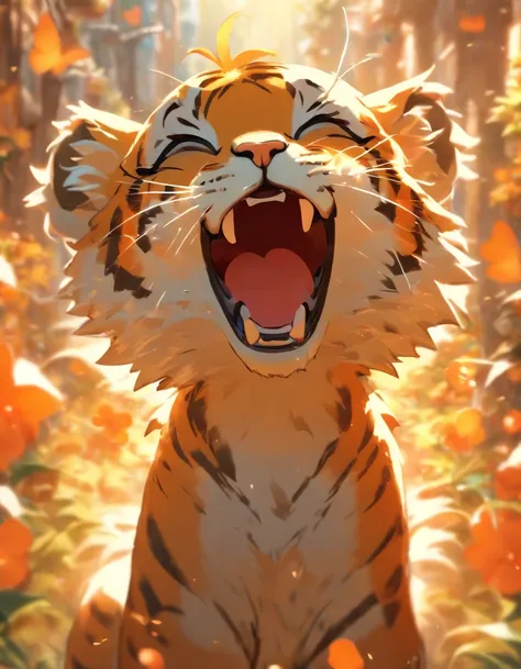 a sence of awe and wonder, a small humanoid tiger cub yawning, ((yawning:1)) (((wearing cool sunglasses:1.6))), mouth wide open , teary eyes, beautiful nature , warm colors, magical , butterflies in the background , fantasy style rendering