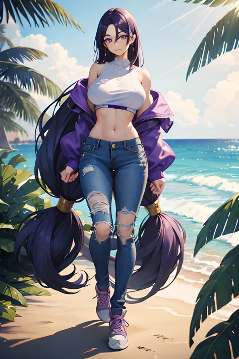 1girl, vivid purple eyes, violet hair, straight hair, long hair, beach, short white top, bare stomach, baggy jeans, sweet smile,...