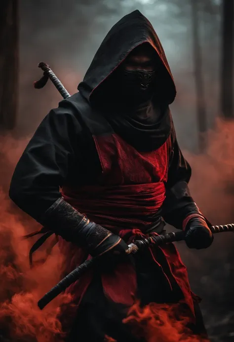 a ninja with a Japanese oni mask, com uma roupa preta, menacingly