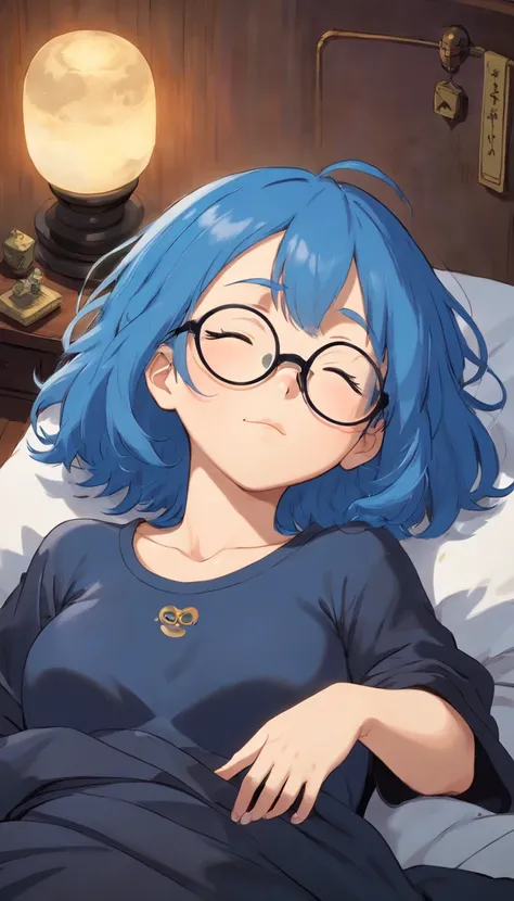 a one-character girl with short, neck-length blue hair, round glasses, nipples, and a black rock shirt. big breasts and big ass, it is covered by a black blanket. She is sleeping lying on a bed.