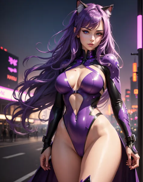 (best quality,4k,8k,highres,masterpiece:1.2),ultra-detailed,(realistic,photorealistic,photo-realistic:1.37),cool purple hair,cat woman,anime,beautiful detailed eyes,beautiful detailed lips,vivid colors,shimmering purple hair,anime-style cat eyes,intense ga...