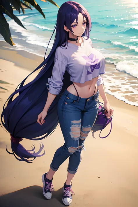 1girl, vivid purple eyes, violet hair, straight hair, long hair, beach, short white top, bare stomach, baggy jeans, sweet smile,...