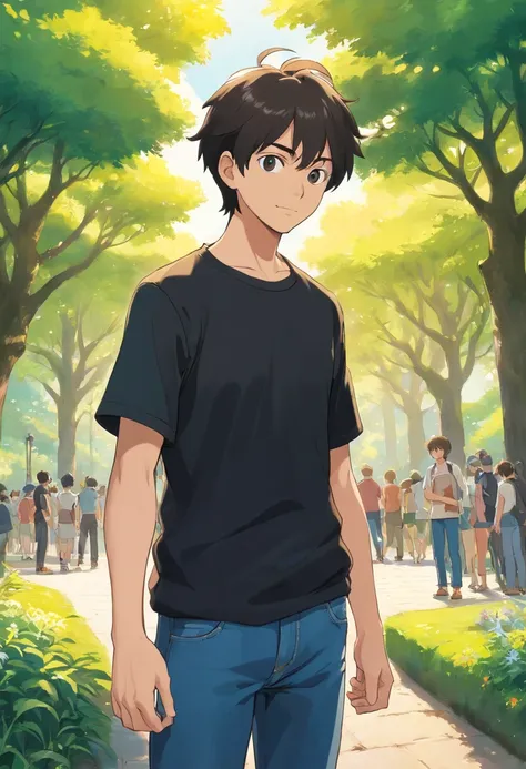 A young man is wearing a black t-shirt and jeans, He extends his hand as if shaking hands , IN THE PARK , ITS SUNNY , LONG SHOT CAMERA