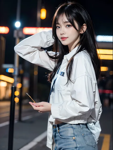 ((4K works))、​masterpiece、(top-quality)、1 beutiful girl、Slim body、((Attractive clothes in black and white))、(Detailed beautiful eyes)、Walking together on the road at night、Face similar to Carly Rae Jepsen、((Boyish Gold Medium Hair))、((Smaller face))、((Neut...