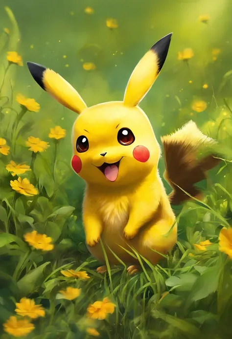 Um Pikachu bonito com pele amarela vibrante, bochechas vermelhas rosadas, e olhos negros cintilantes, pulando brincando em um campo gramado verde exuberante. O Pikachu tem um sorriso travesso no rosto, e seu longo, orelhas pontudas ficam altas. The scene i...