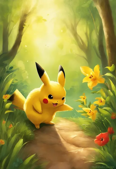 Um Pikachu bonito com pele amarela vibrante, bochechas vermelhas rosadas, e olhos negros cintilantes, pulando brincando em um campo gramado verde exuberante. O Pikachu tem um sorriso travesso no rosto, e seu longo, orelhas pontudas ficam altas. The scene i...