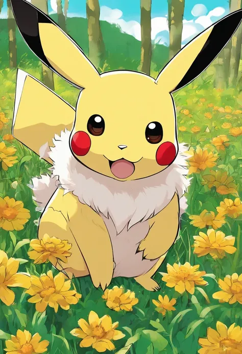 Um Pikachu bonito com pele amarela vibrante, bochechas vermelhas rosadas, e olhos negros cintilantes, pulando brincando em um campo gramado verde exuberante. O Pikachu tem um sorriso travesso no rosto, e seu longo, orelhas pontudas ficam altas. The scene i...