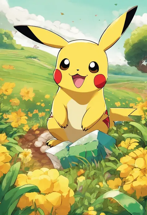 Um Pikachu bonito com pele amarela vibrante, bochechas vermelhas rosadas, e olhos negros cintilantes, pulando brincando em um campo gramado verde exuberante. O Pikachu tem um sorriso travesso no rosto, e seu longo, orelhas pontudas ficam altas. The scene i...