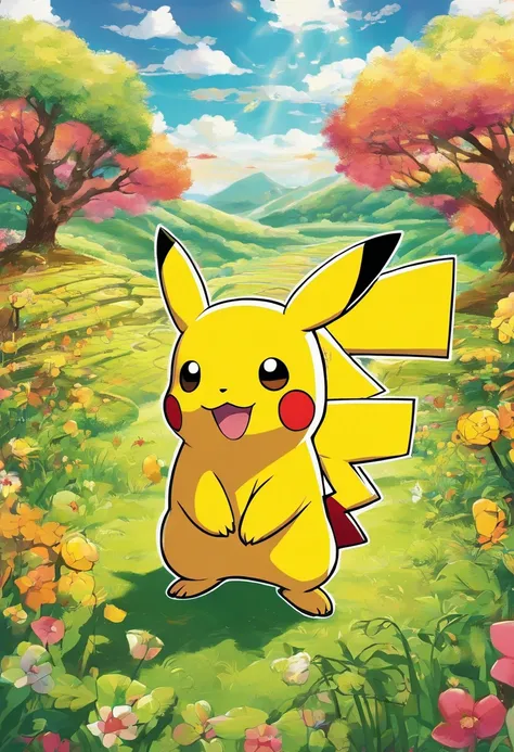 Um Pikachu bonito com pele amarela vibrante, bochechas vermelhas rosadas, e olhos negros cintilantes, pulando brincando em um campo gramado verde exuberante. O Pikachu tem um sorriso travesso no rosto, e seu longo, orelhas pontudas ficam altas. The scene i...