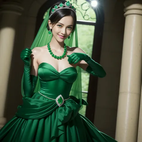 emerald tiara, Green Pearl Necklace, Boyish very short green hair, lipsticks, Japan woman smiling, very short short hair, fist, big breasts beautiful, Green eyes, Long green gloves made of satin material, Green eyes, Emerald Earrings