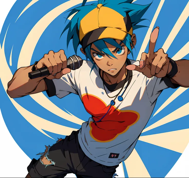 Cartoon boy with a microphone and a peace sign on his shirt, 2 d style, 2 d anime style, 2 d sprite, 2 d anime, 2 d gorillaz, 2 d art, 2d art, hero 2 d fanart artsation, 2D digital, Rapper dans le micro, Style Gorillaz, sprite 2 d, Cartoon 2 D, 2D cartoon