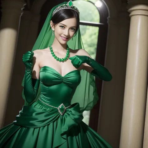 emerald tiara, Green Pearl Necklace, Boyish very short green hair, lipsticks, Japan woman smiling, very short short hair, fist, big breasts beautiful, Green eyes, Long green gloves made of satin material, Green eyes, Emerald Earrings