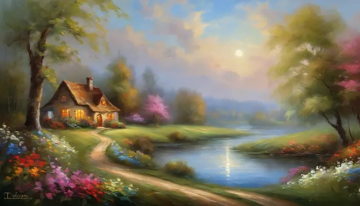 Realistic, authentic, a cottage under the tree, beside the stream,a boat in water,  fence and flowers along the road, flowers, beautiful and amazing landscape oil painting Studio Thomas Kinkade #39;s petal grassland with blue sky and white clouds --v6