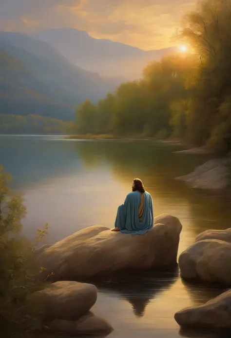 Jesus, A peaceful and serene outdoor scene of Jesus sitting on a rock by a tranquil lake surrounded by nature with a warm golden light shining down on him. His face is calm and meditative as he looks out towards the horizon. The colors are earthy and natur...